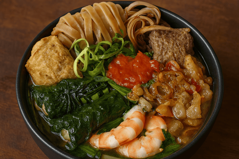 A steaming bowl of banh da cua, bursting with flavors from rich crab broth, chewy red rice noodles, and fresh Vietnamese herbs